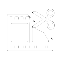 White film strip icon with play button in centre and scissors